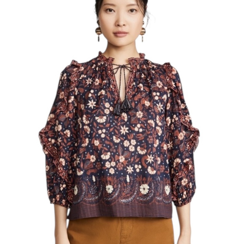 Ulla Johnson Azalea Floral Print Tie Neck Tassel Ruffle Blouse in Midnight - 4
